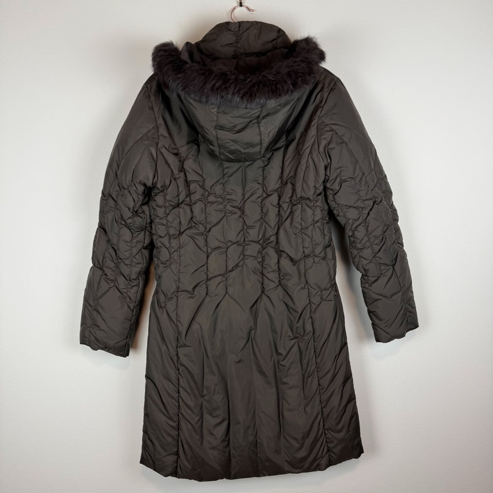 Nine West Brown Quilted Down Jacket Coat Rabbit‎ Fur Trim Hooded Size Medium - Picture 3 of 15